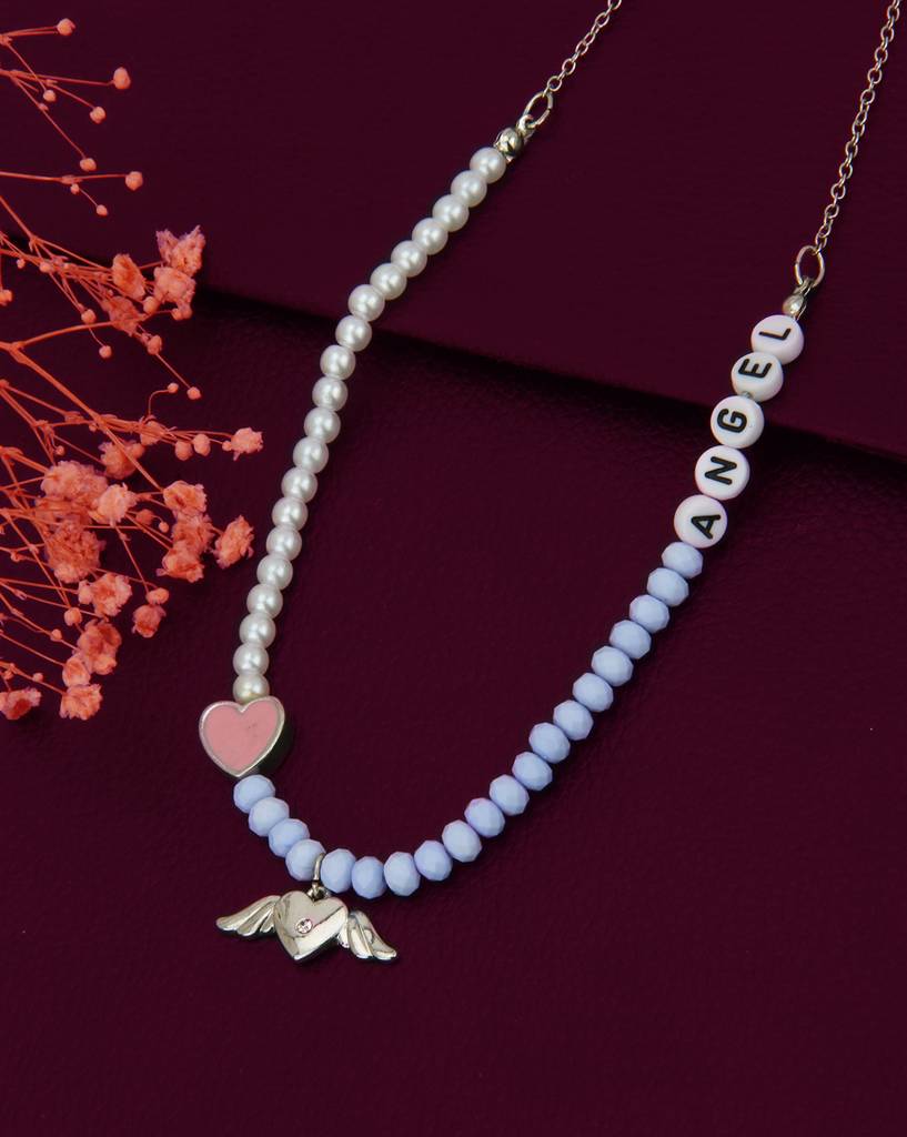 Carlton London Girls White & Blue Rhodium-Plated Enamelled Necklace : KJN060