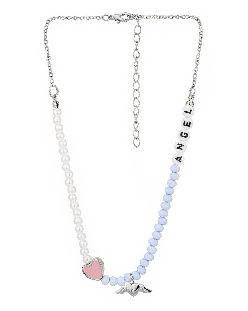 Carlton London Girls White & Blue Rhodium-Plated Enamelled Necklace : KJN060