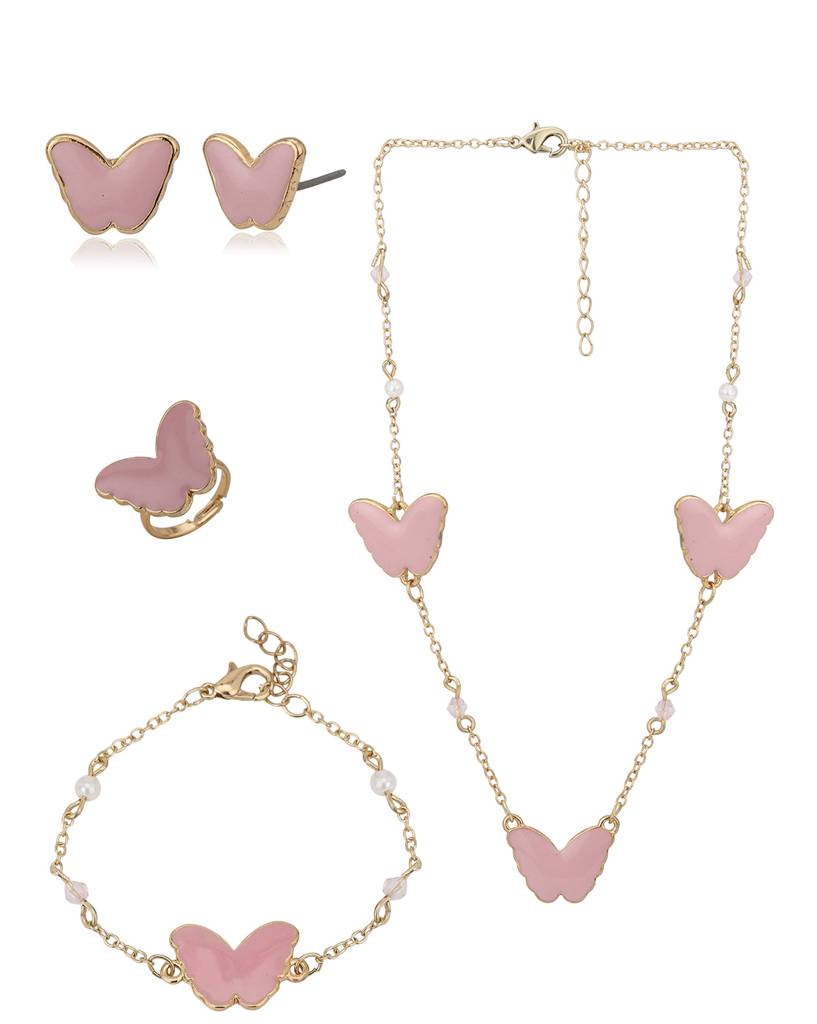 Girls Gold-Plated Pink Pearl Studded Jewellery Set : KJS058