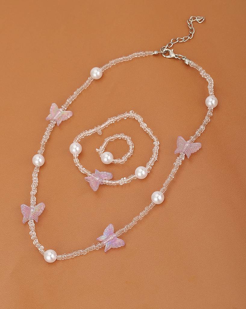 Girls Rhodium-Plated Butterfly Shaped Pearl Jewellery Set : KJS088