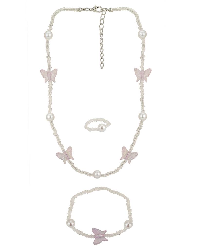 Girls Rhodium-Plated Butterfly Shaped Pearl Jewellery Set : KJS088