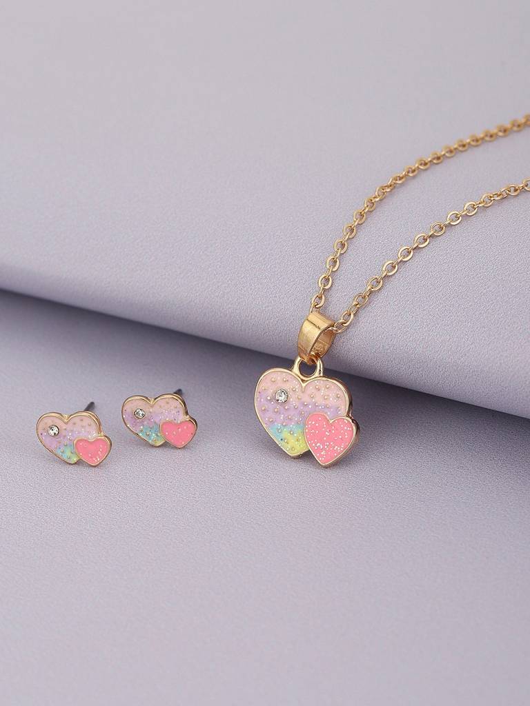 Girls Gold-Plated Heart Shaped Enamelled Jewellery Set : KJS100