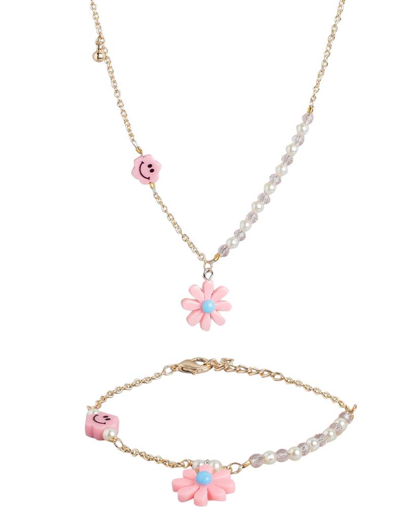 Carlton London Girls Gold-Plated With Floral & Smiley Beaded Jewellery Set : KJS119