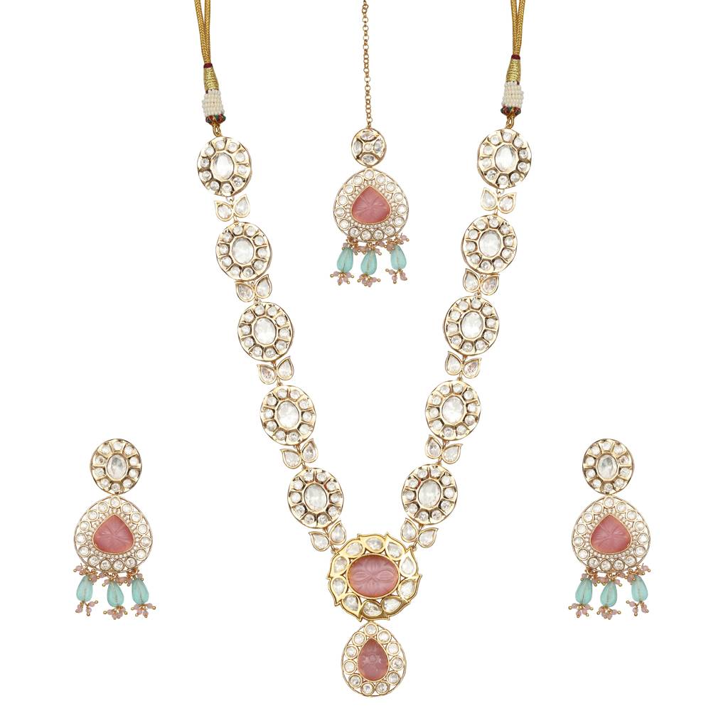 Gold Finished Kundan And Polki Choker & Mala Set With Pink And Phirozi Stones. Comes With  : KM-BNS-192318-C392A308-D700-Combo
