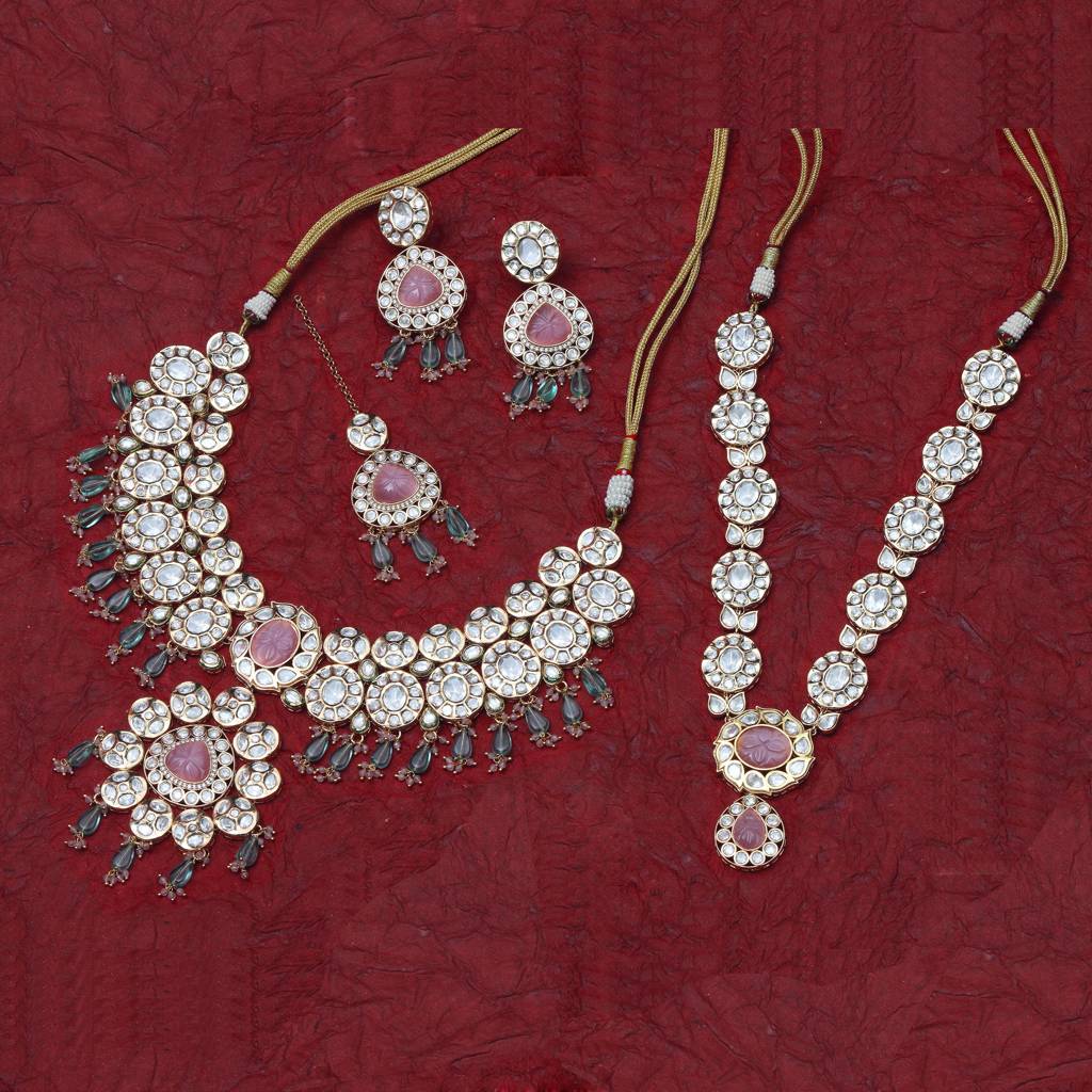 Gold Finished Kundan And Polki Choker & Mala Set With Pink And Phirozi Stones. Comes With  : KM-BNS-192318-C392A308-D700-Combo