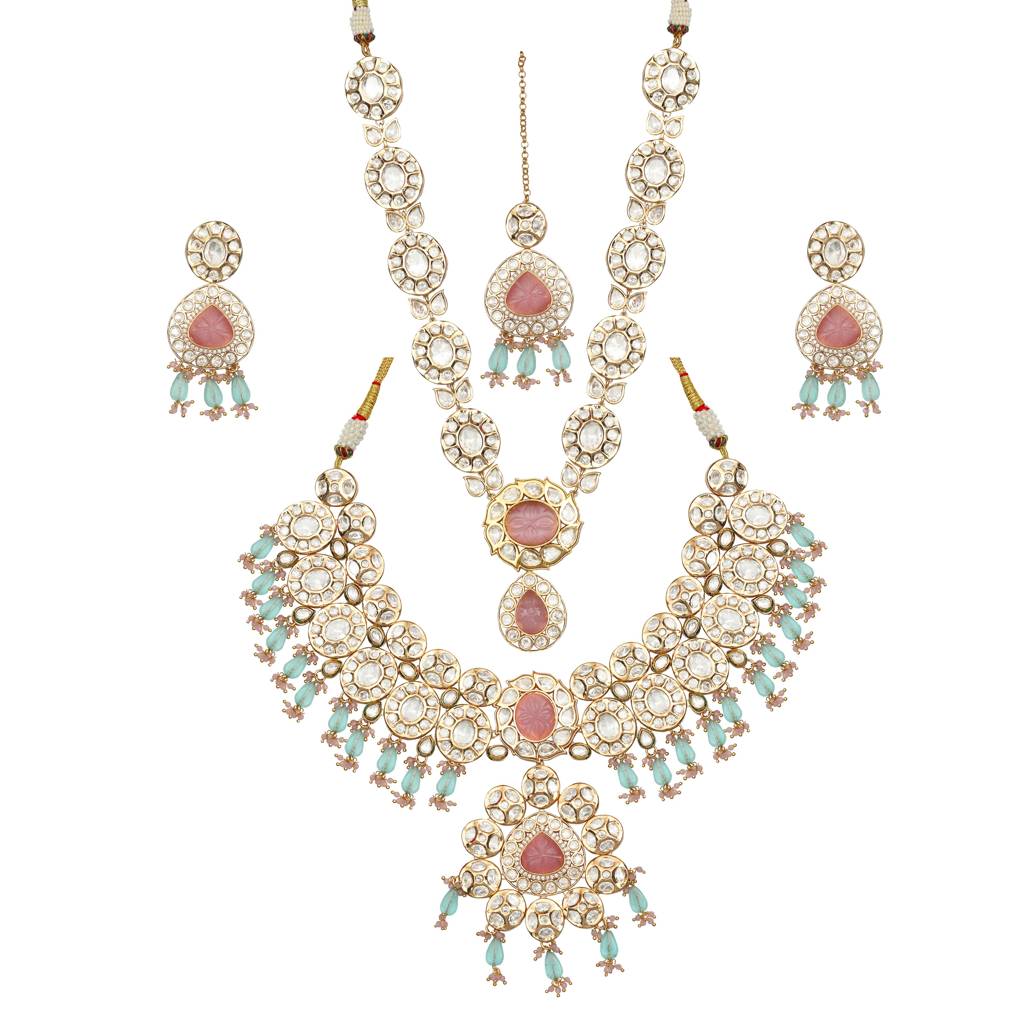 Gold Finished Kundan And Polki Choker & Mala Set With Pink And Phirozi Stones. Comes With  : KM-BNS-192318-C392A308-D700-Combo