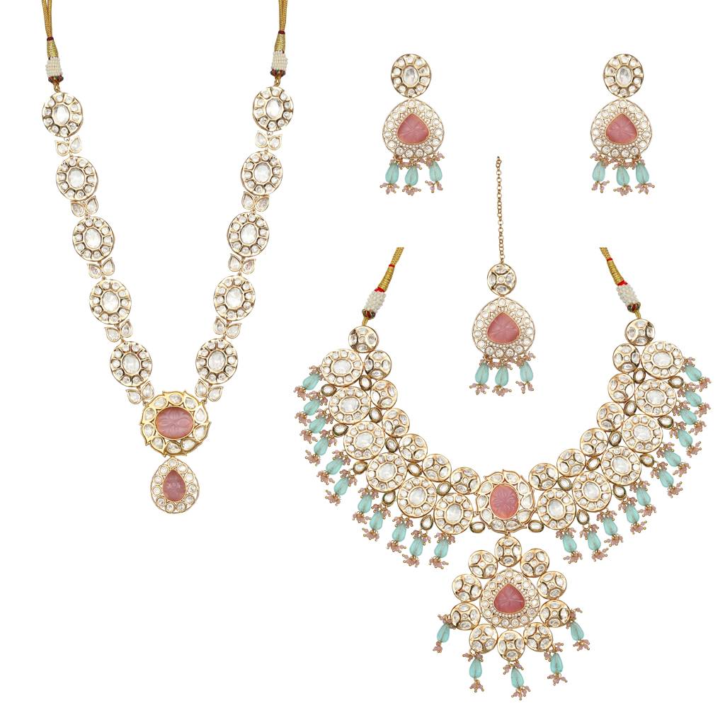 Gold Finished Kundan And Polki Choker & Mala Set With Pink And Phirozi Stones. Comes With  : KM-BNS-192318-C392A308-D700-Combo