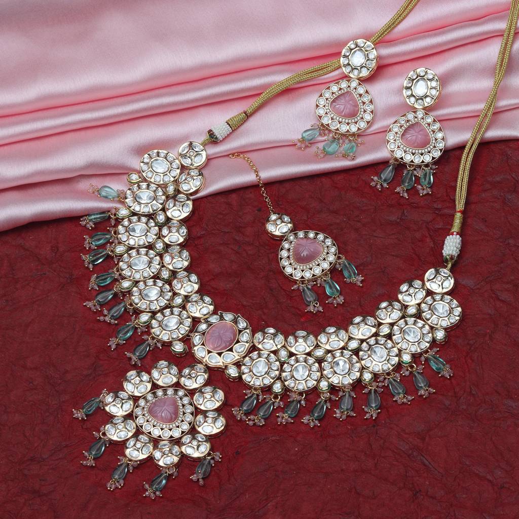 Gold Finished Kundan And Polki Choker & Mala Set With Pink And Phirozi Stones. Comes With Match : KM-BNS-192318-C392A308-D700-