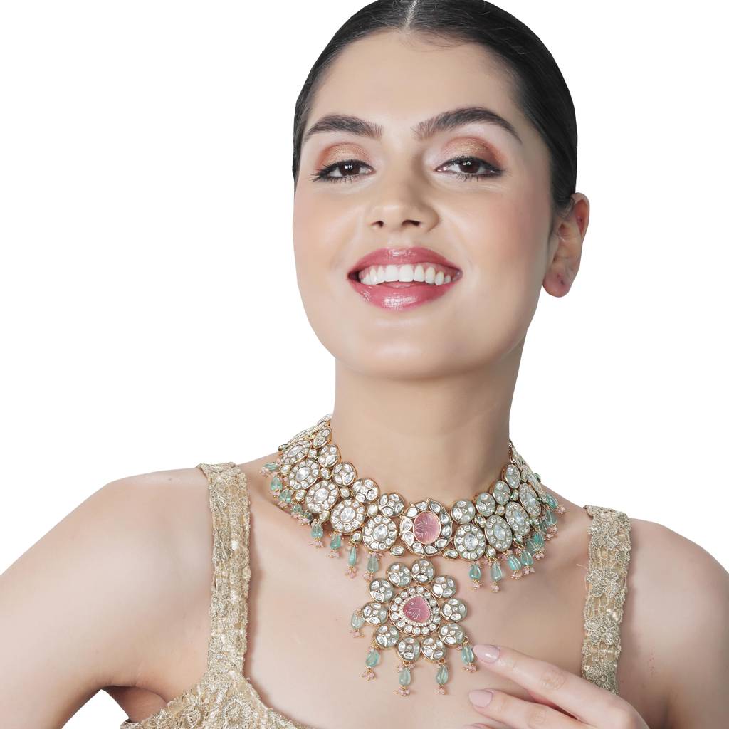 Gold Finished Kundan And Polki Choker & Mala Set With Pink And Phirozi Stones. Comes With Match : KM-BNS-192318-C392A308-D700-