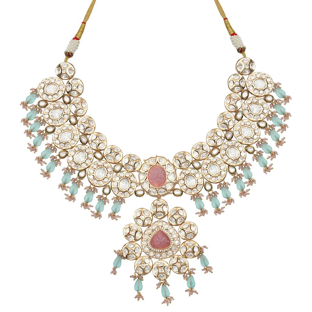 Gold Finished Kundan And Polki Choker & Mala Set With Pink And Phirozi Stones. Comes With Match : KM-BNS-192318-C392A308-D700-