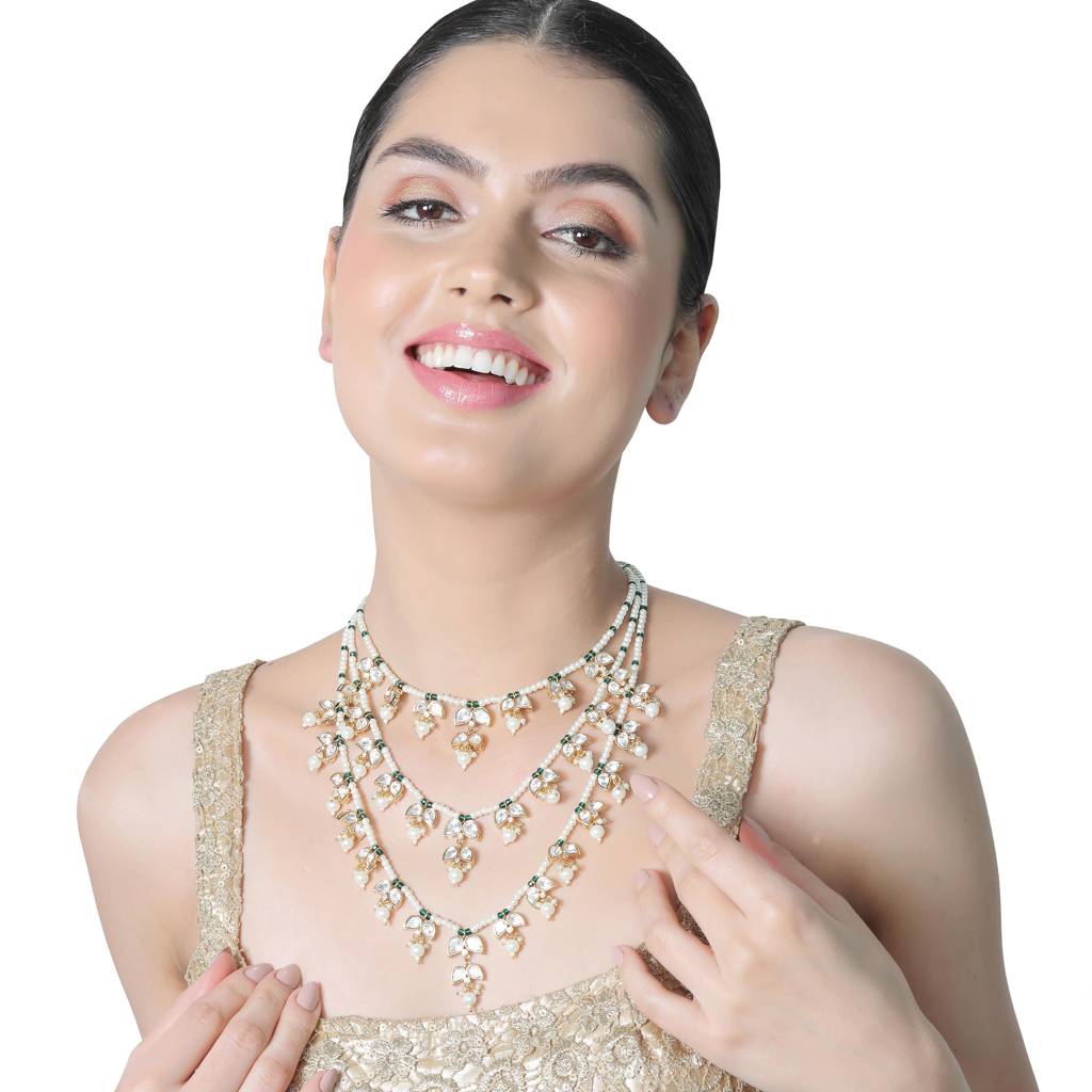 Kundan And Polki Three Tier Mala Set With White & Green Beads. Comes With Matching Danglers : KM-BNS-305-A-256