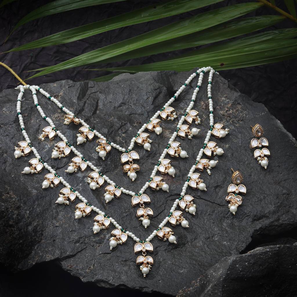 Kundan And Polki Three Tier Mala Set With White & Green Beads. Comes With Matching Danglers : KM-BNS-305-A-256