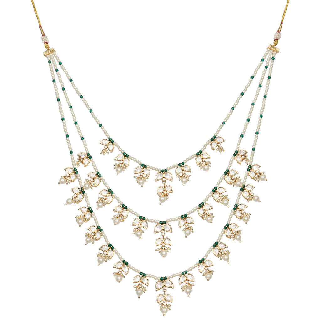 Kundan And Polki Three Tier Mala Set With White & Green Beads. Comes With Matching Danglers : KM-BNS-305-A-256