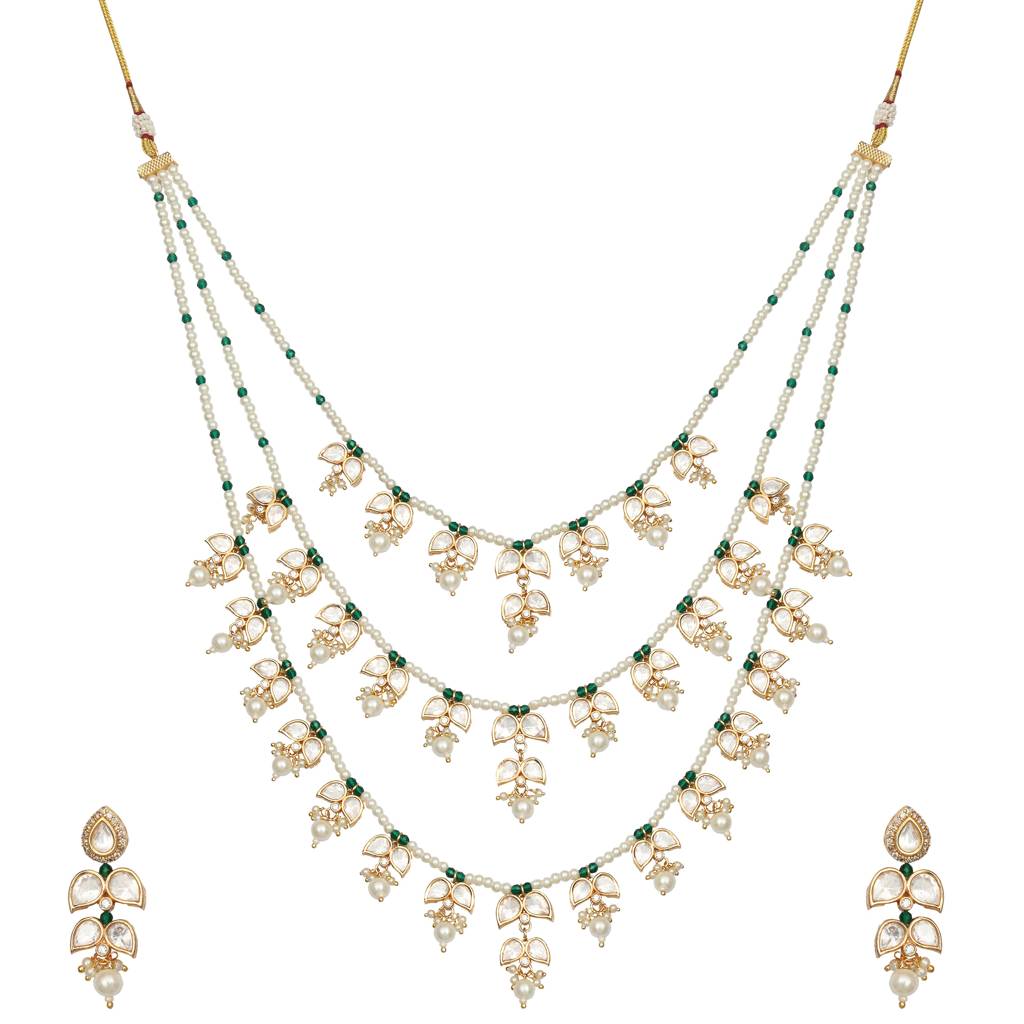 Kundan And Polki Three Tier Mala Set With White & Green Beads. Comes With Matching Danglers : KM-BNS-305-A-256