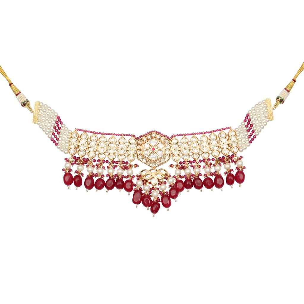 Gold Finished Kundan And Polki Choker Set With Red & White Beads. Comes With Matching Danglers. : KM-BNS-382-2-A860