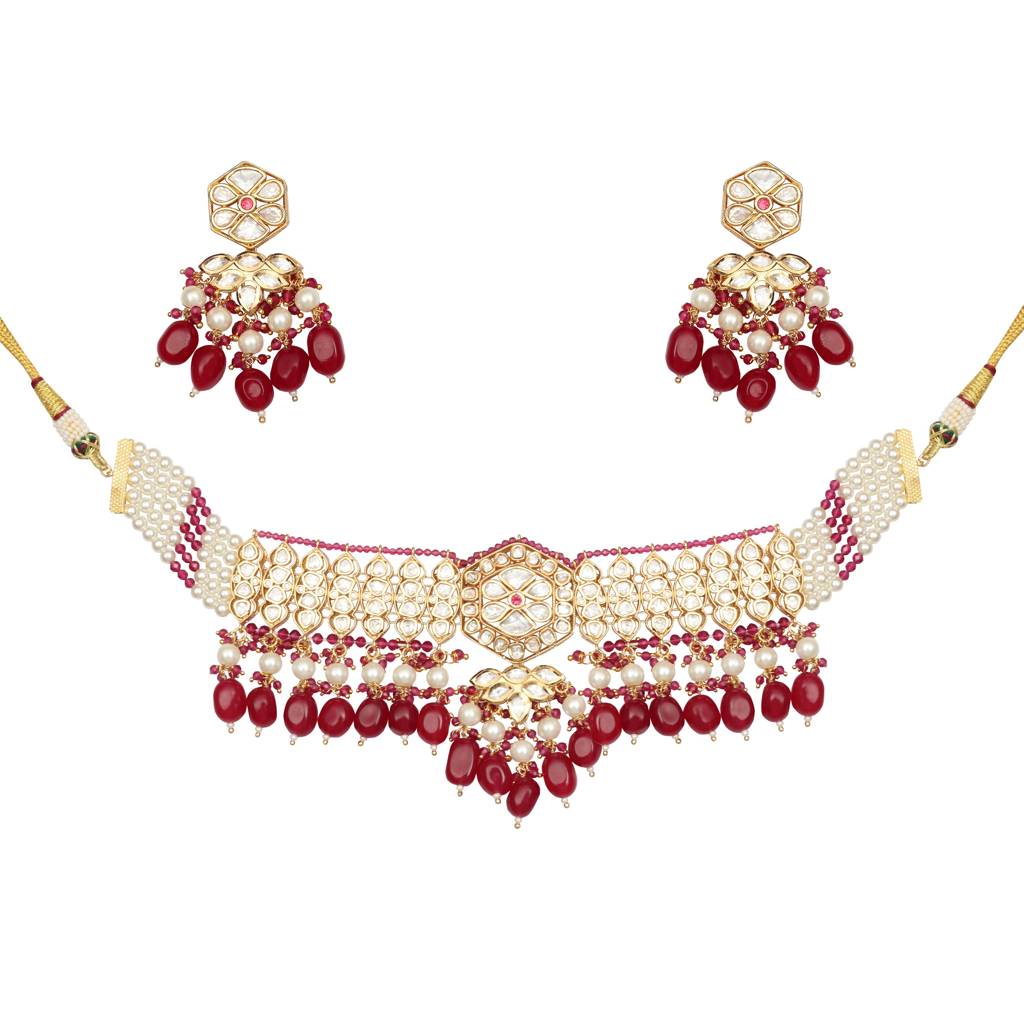 Gold Finished Kundan And Polki Choker Set With Red & White Beads. Comes With Matching Danglers. : KM-BNS-382-2-A860