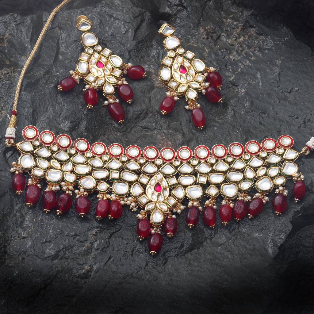 Gold Finished Kundan And Polki Choker Set With Red Beads. Comes With Matching Danglers. : KM-BNS-65-A682