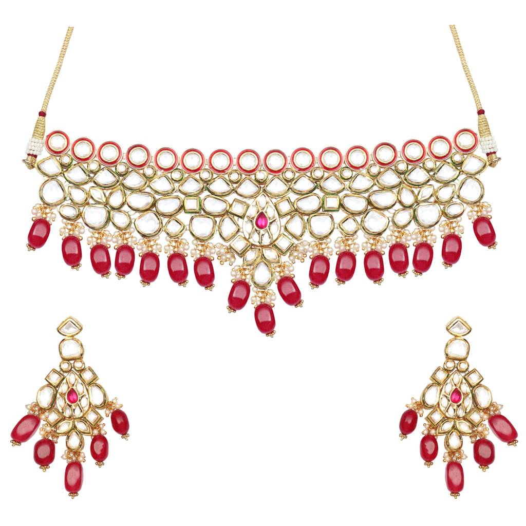 Gold Finished Kundan And Polki Choker Set With Red Beads. Comes With Matching Danglers. : KM-BNS-65-A682