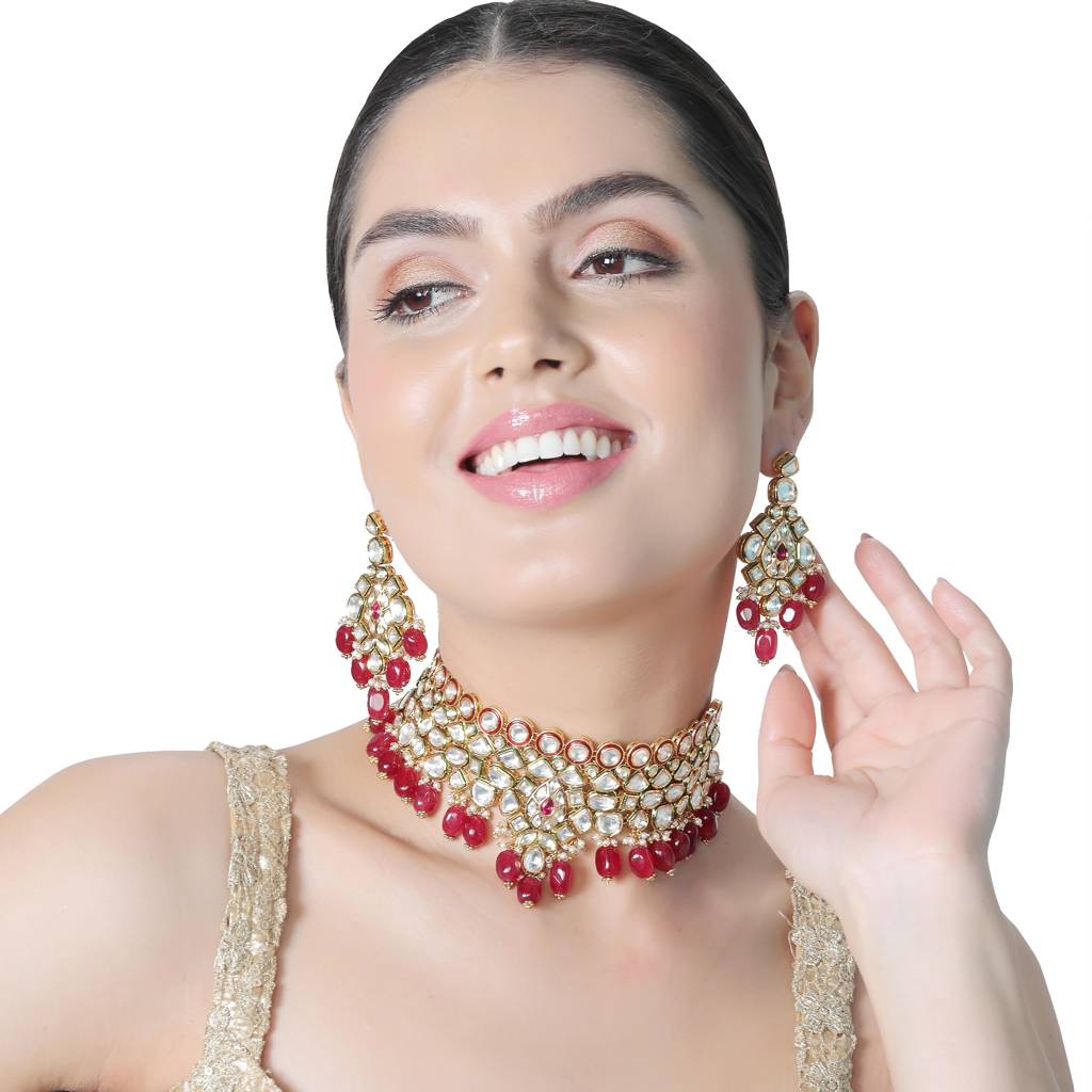 Gold Finished Kundan And Polki Choker Set With Red Beads. Comes With Matching Danglers. : KM-BNS-65-A682