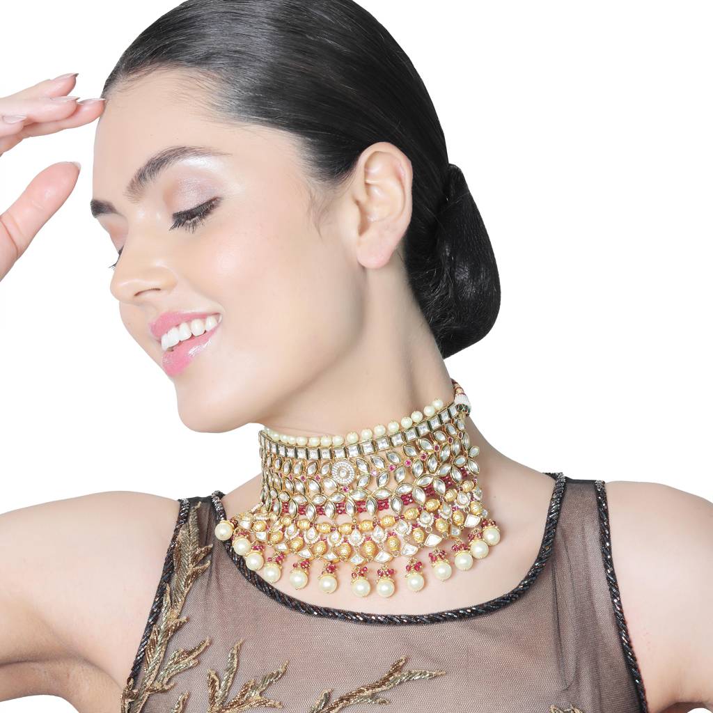 Gold Finished Kundan And Polki Cascading Choker Set With Deep Rani Beads. Comes With Matching Jhumkas And Maa : KM-DUL-04-B880