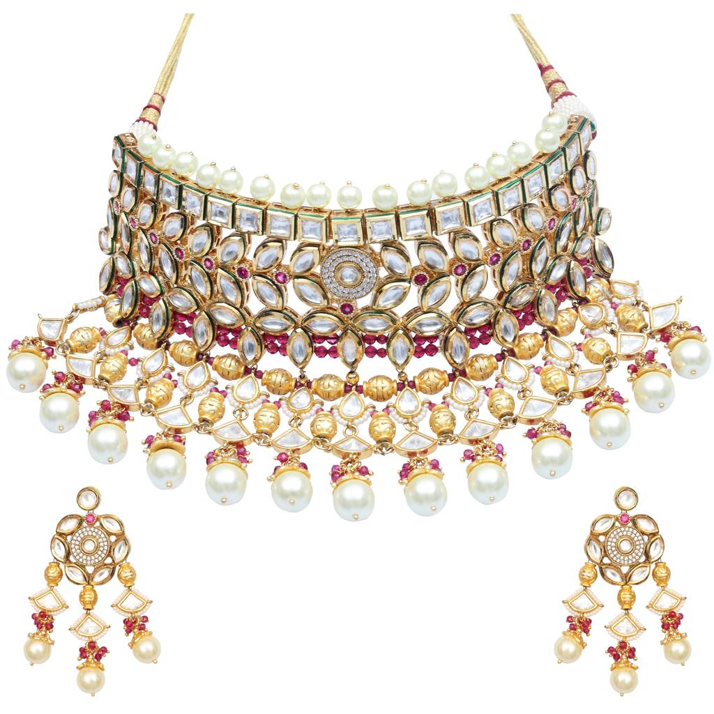 Gold Finished Kundan And Polki Cascading Choker Set With Deep Rani Beads. Comes With Matching Jhumkas And Maa : KM-DUL-04-B880