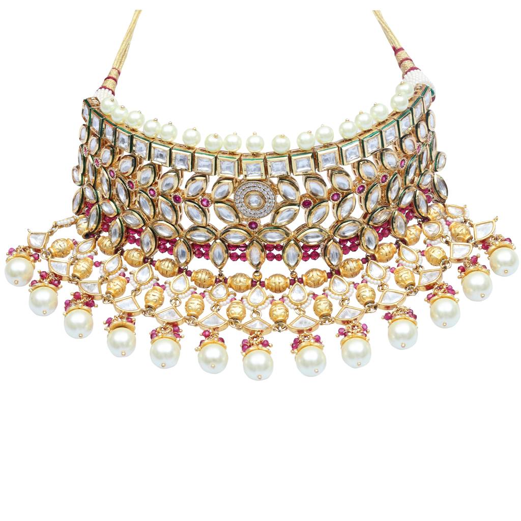 Gold Finished Kundan And Polki Cascading Choker Set With Deep Rani Beads. Comes With Matching Jhumkas And Maa : KM-DUL-04-B880