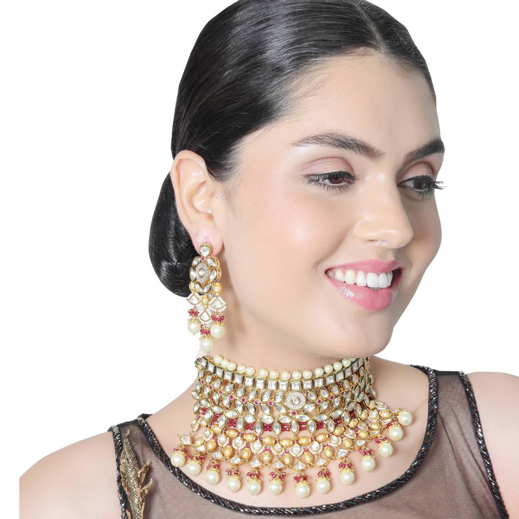Gold Finished Kundan And Polki Cascading Choker Set With Deep Rani Beads. Comes With Matching Jhumkas And Maa : KM-DUL-04-B880
