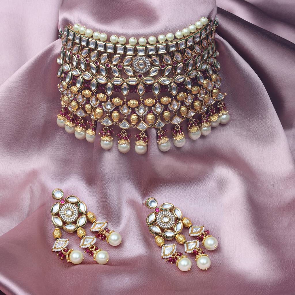 Gold Finished Kundan And Polki Cascading Choker Set With Deep Rani Beads. Comes With Matching Jhumkas And Maa : KM-DUL-04-B880