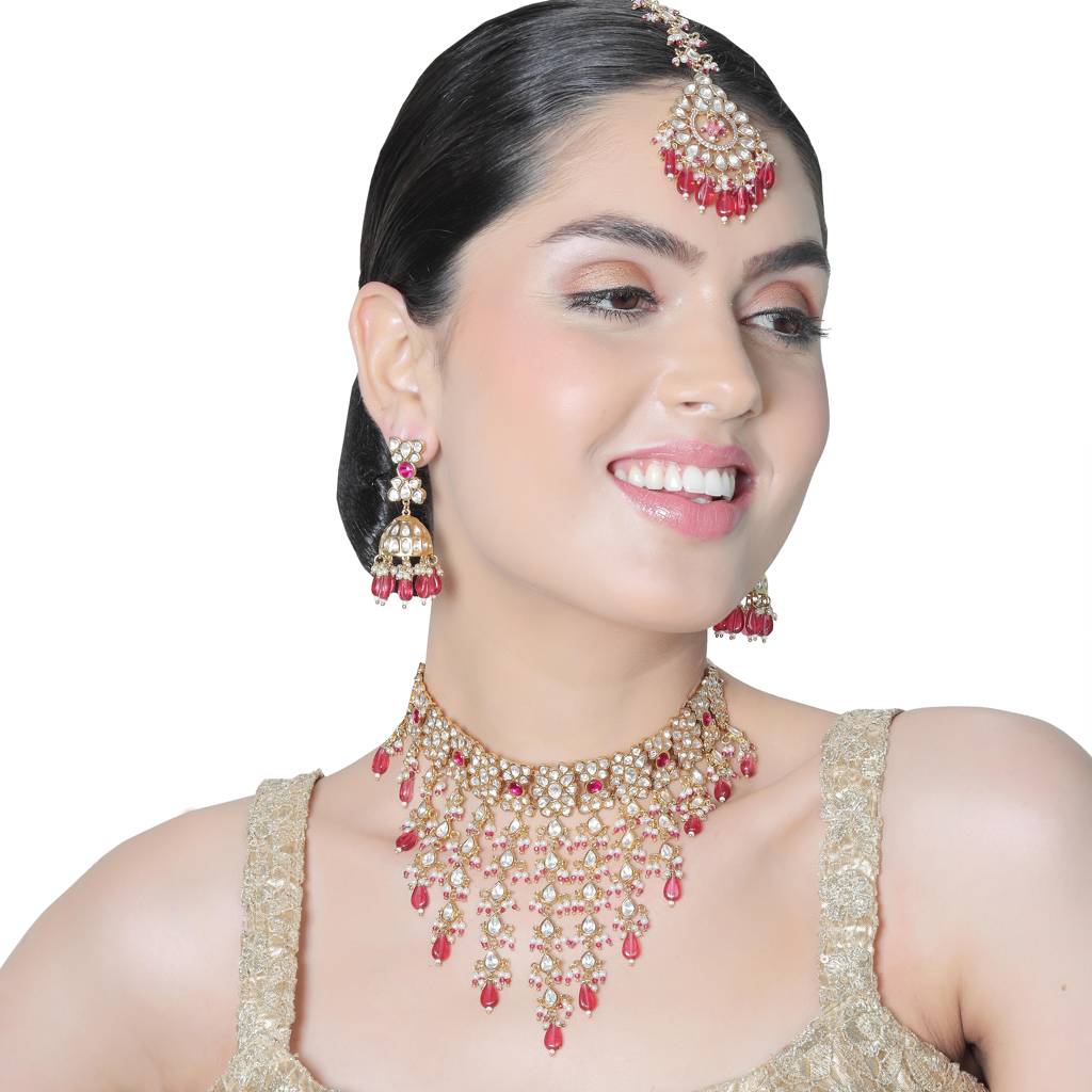 Gold Finished Kundan And Polki Cascading Choker Set With Deep Rani Beads. Comes With Matching Jhumkas And Maa : KM-DUL-11-B605