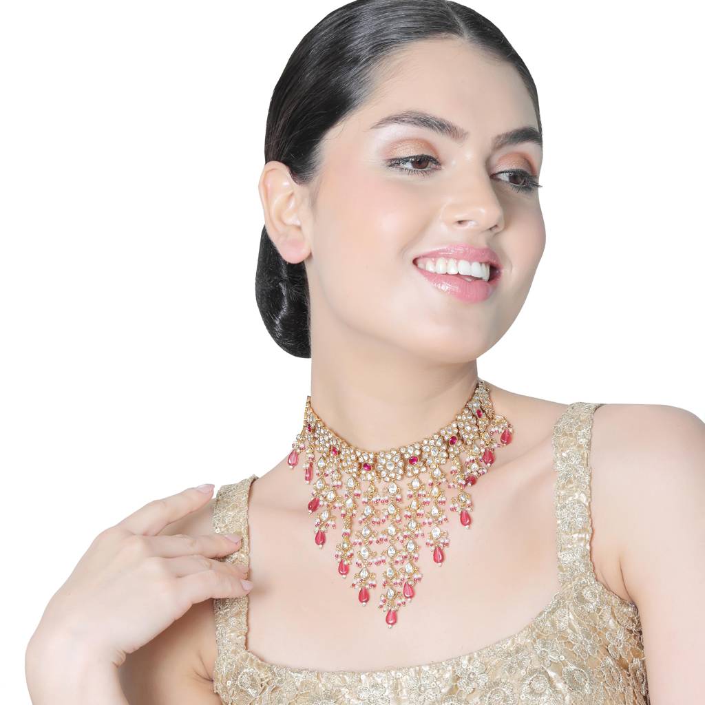 Gold Finished Kundan And Polki Cascading Choker Set With Deep Rani Beads. Comes With Matching Jhumkas And Maa : KM-DUL-11-B605