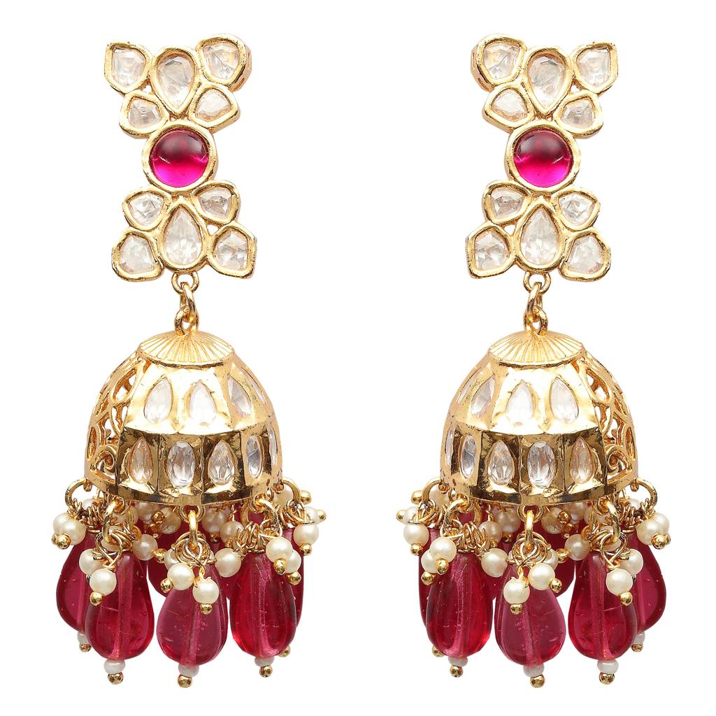 Gold Finished Kundan And Polki Cascading Choker Set With Deep Rani Beads. Comes With Matching Jhumkas And Maa : KM-DUL-11-B605