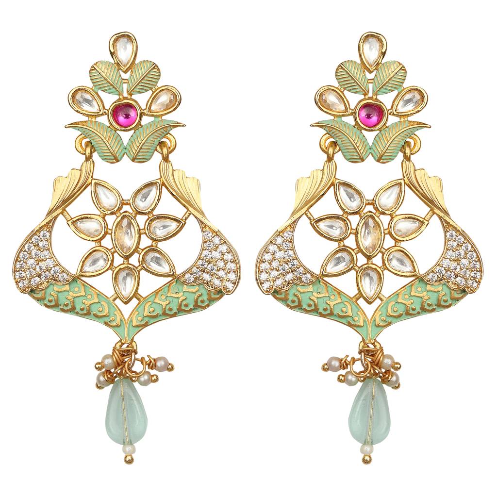 Mint And Gold Meenakari Kundan Danglers : KM-ER-03-MINT