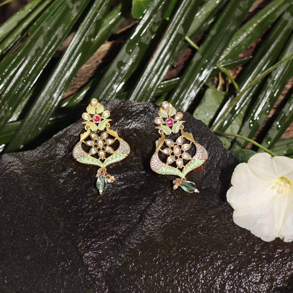 Mint And Gold Meenakari Kundan Danglers : KM-ER-03-MINT