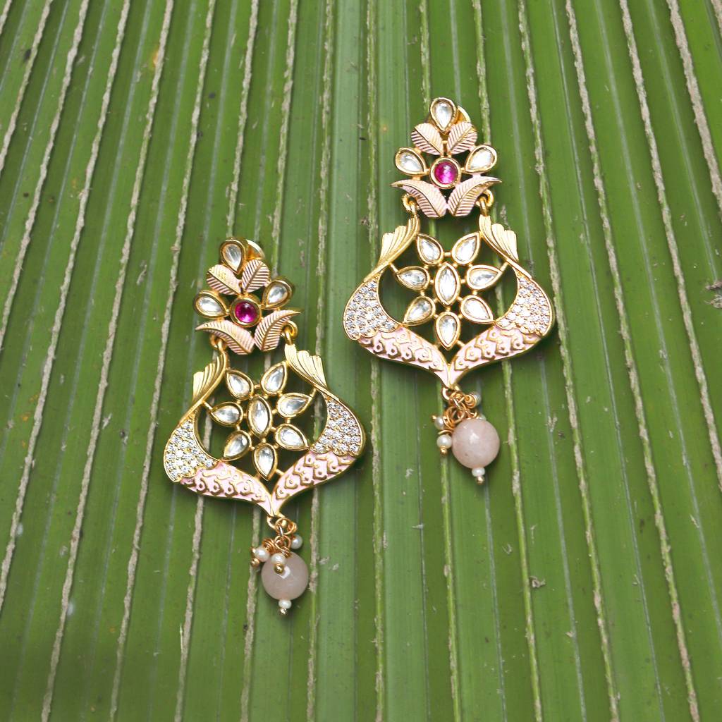 Baby Pink Meenakari Kundan Danglers : KM-ER-03-PINK