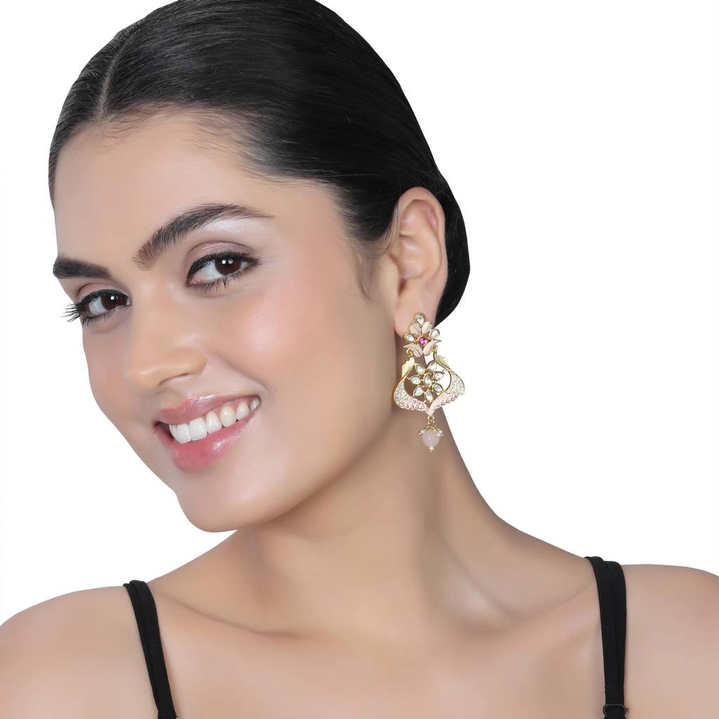 Baby Pink Meenakari Kundan Danglers : KM-ER-03-PINK
