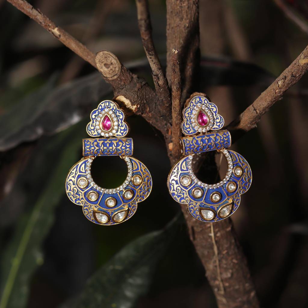 Royal Blue Meenakari Kundan Danglers-Km-Er-12-Blue : KM-ER-12-BLUE