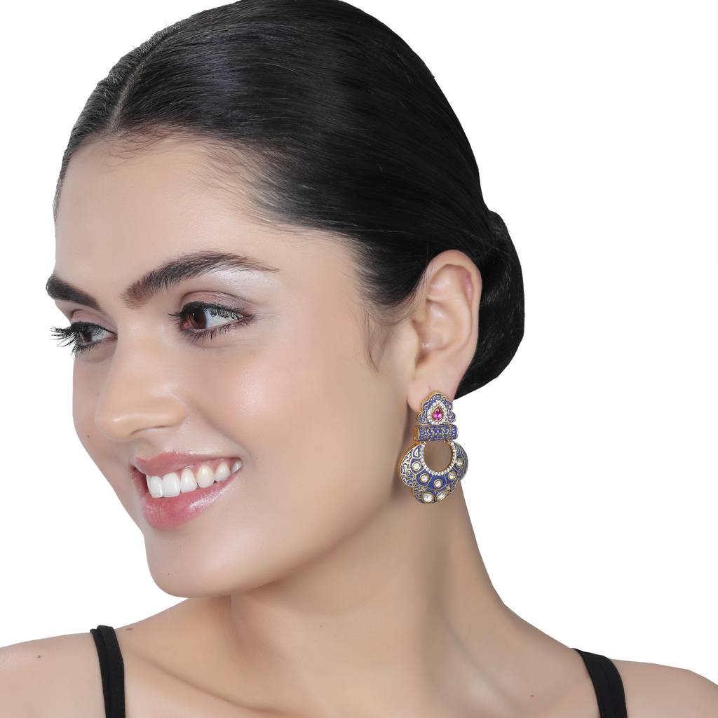 Royal Blue Meenakari Kundan Danglers-Km-Er-12-Blue : KM-ER-12-BLUE