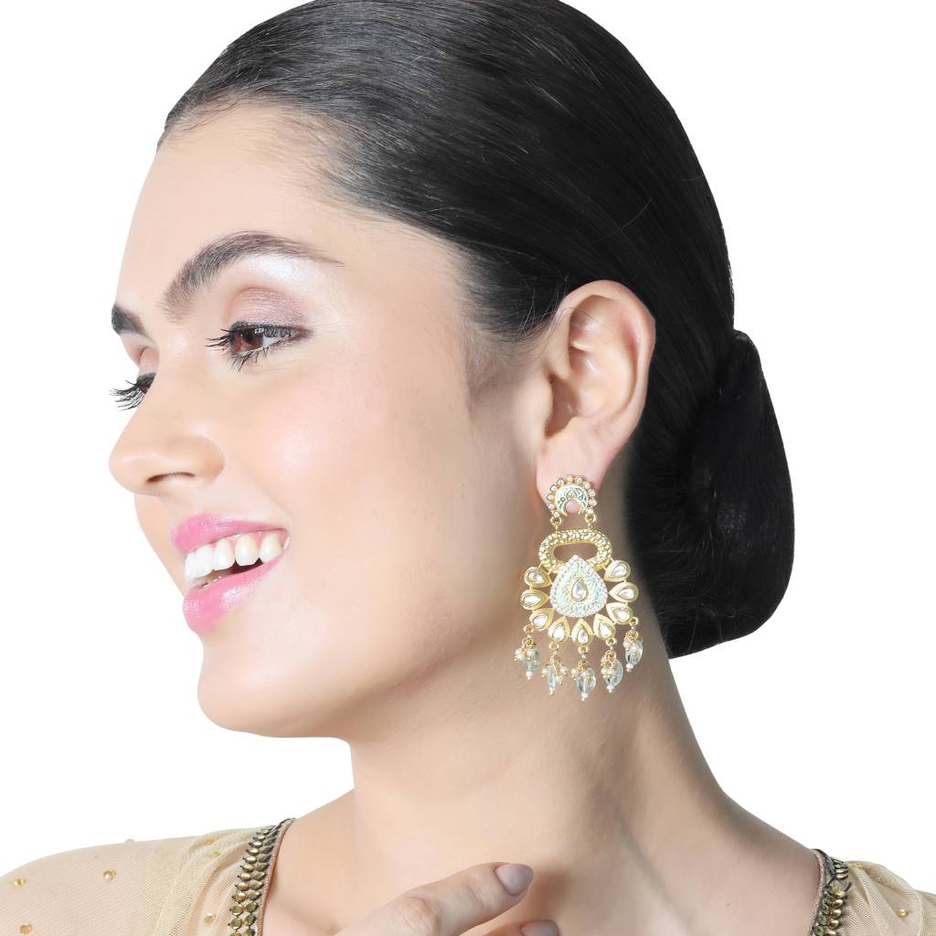 Gold Finished Phirozi Meenakari And Kundan Danglers : KM-ER-13-AQUA