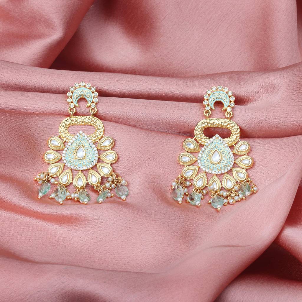 Gold Finished Phirozi Meenakari And Kundan Danglers : KM-ER-13-AQUA