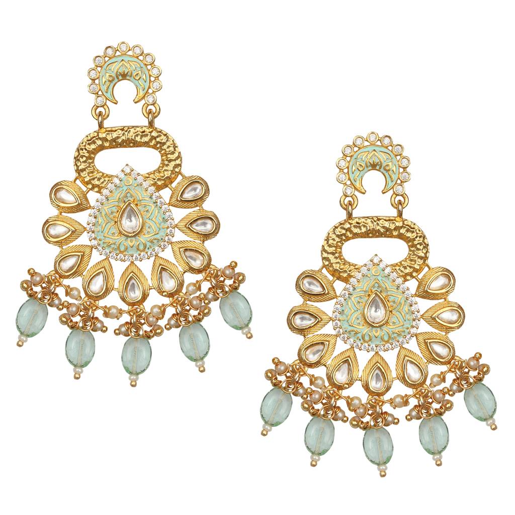 Gold Finished Phirozi Meenakari And Kundan Danglers : KM-ER-13-AQUA