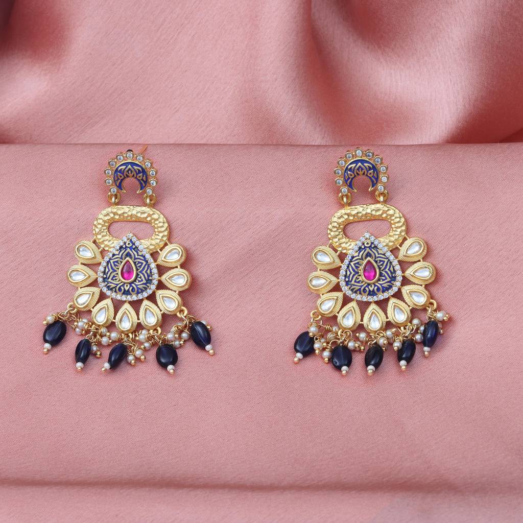 Gold Finished Blue Meenakari And Kundan Danglers : KM-ER-13-BLUE