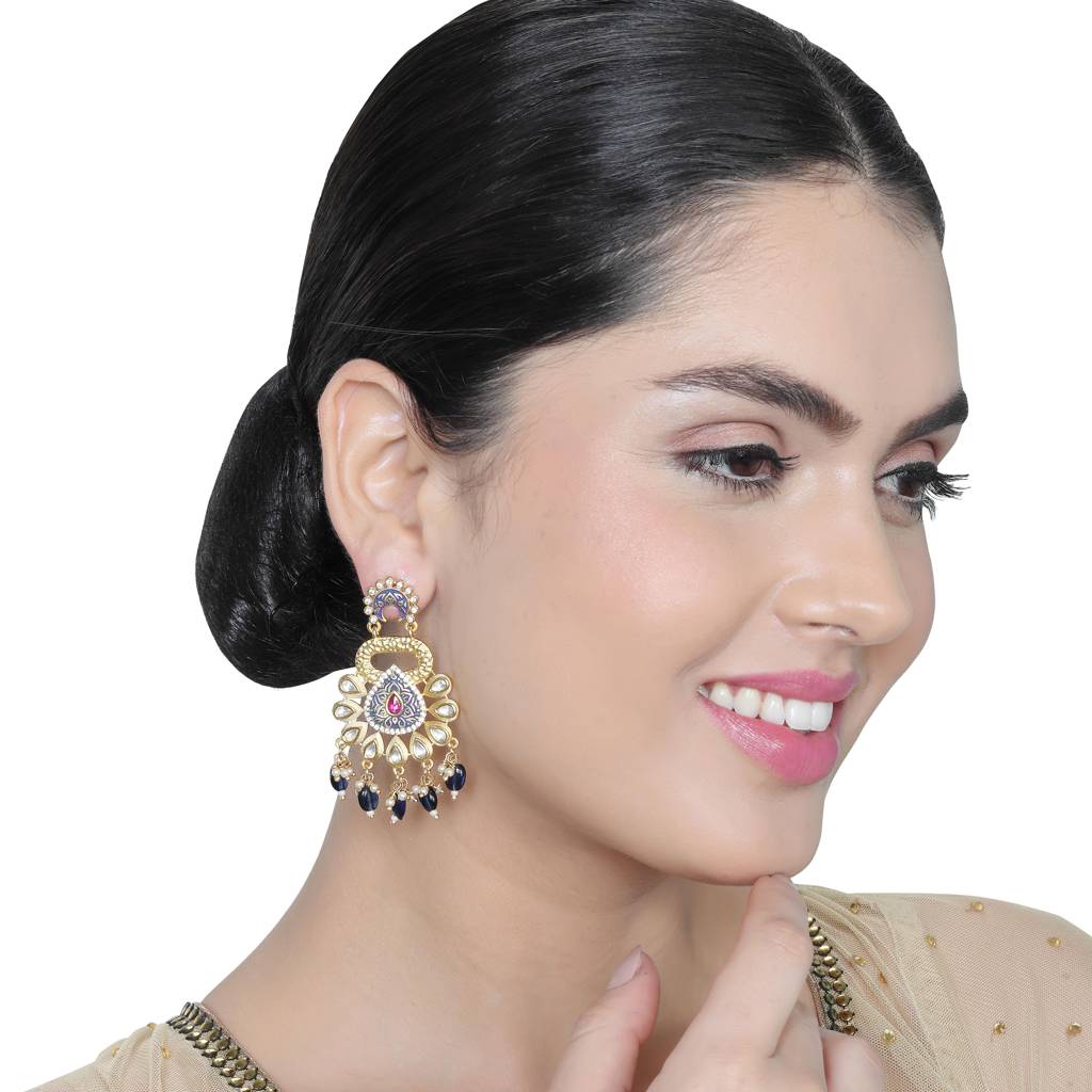 Gold Finished Blue Meenakari And Kundan Danglers : KM-ER-13-BLUE