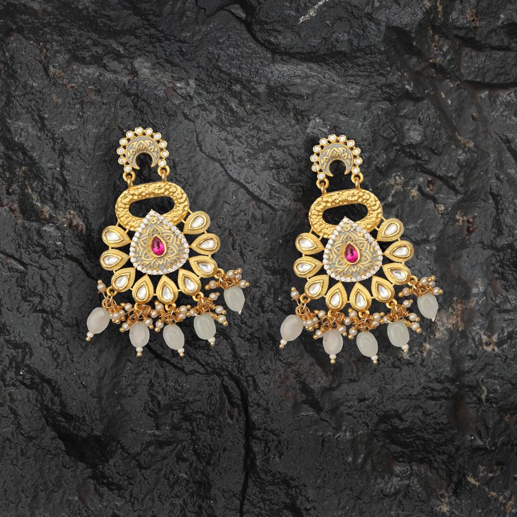 Gold Finished Soft Grey Meenakari And Kundan Danglers : KM-ER-13-GREY