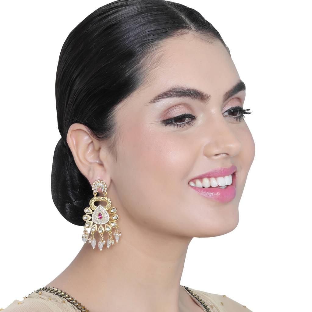 Gold Finished Soft Grey Meenakari And Kundan Danglers : KM-ER-13-GREY