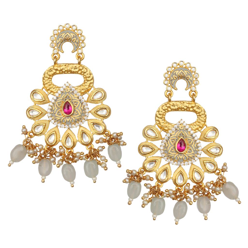 Gold Finished Soft Grey Meenakari And Kundan Danglers : KM-ER-13-GREY