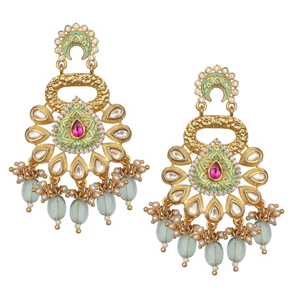 Gold Finished Mint Meenakari And Kundan Danglers : KM-ER-13-MINT
