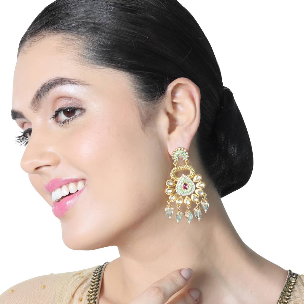 Gold Finished Mint Meenakari And Kundan Danglers : KM-ER-13-MINT