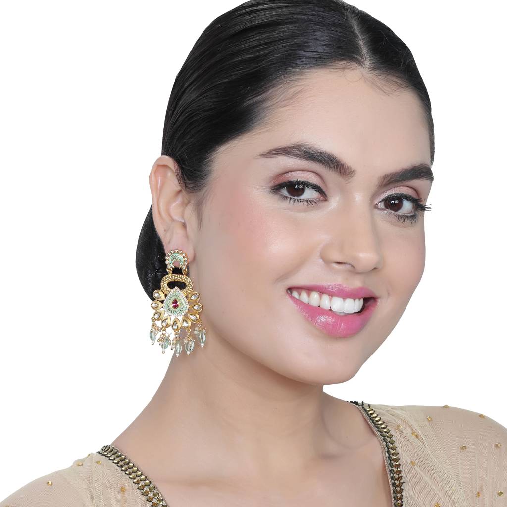 Gold Finished Mint Meenakari And Kundan Danglers : KM-ER-13-MINT