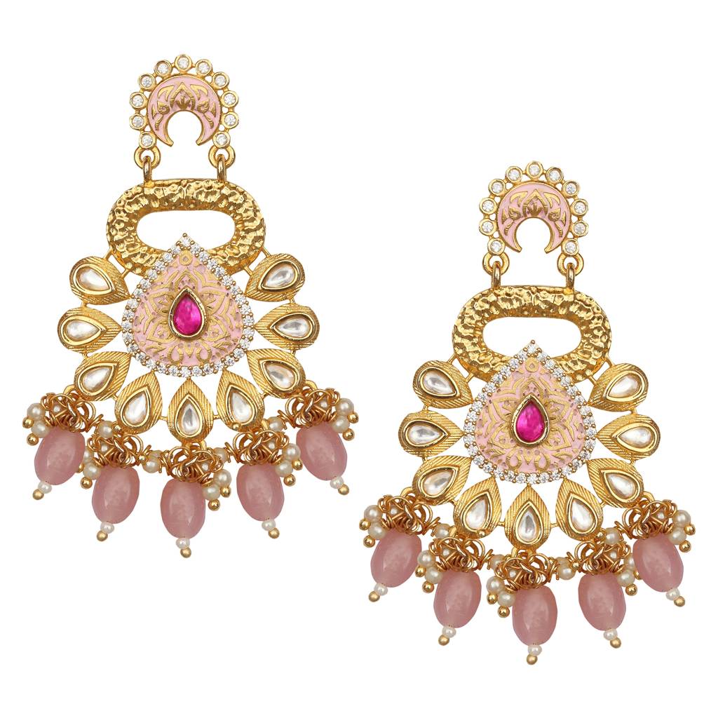 Gold Finished Blush Pink Meenakari And Kundan Danglers : KM-ER-13-PINK