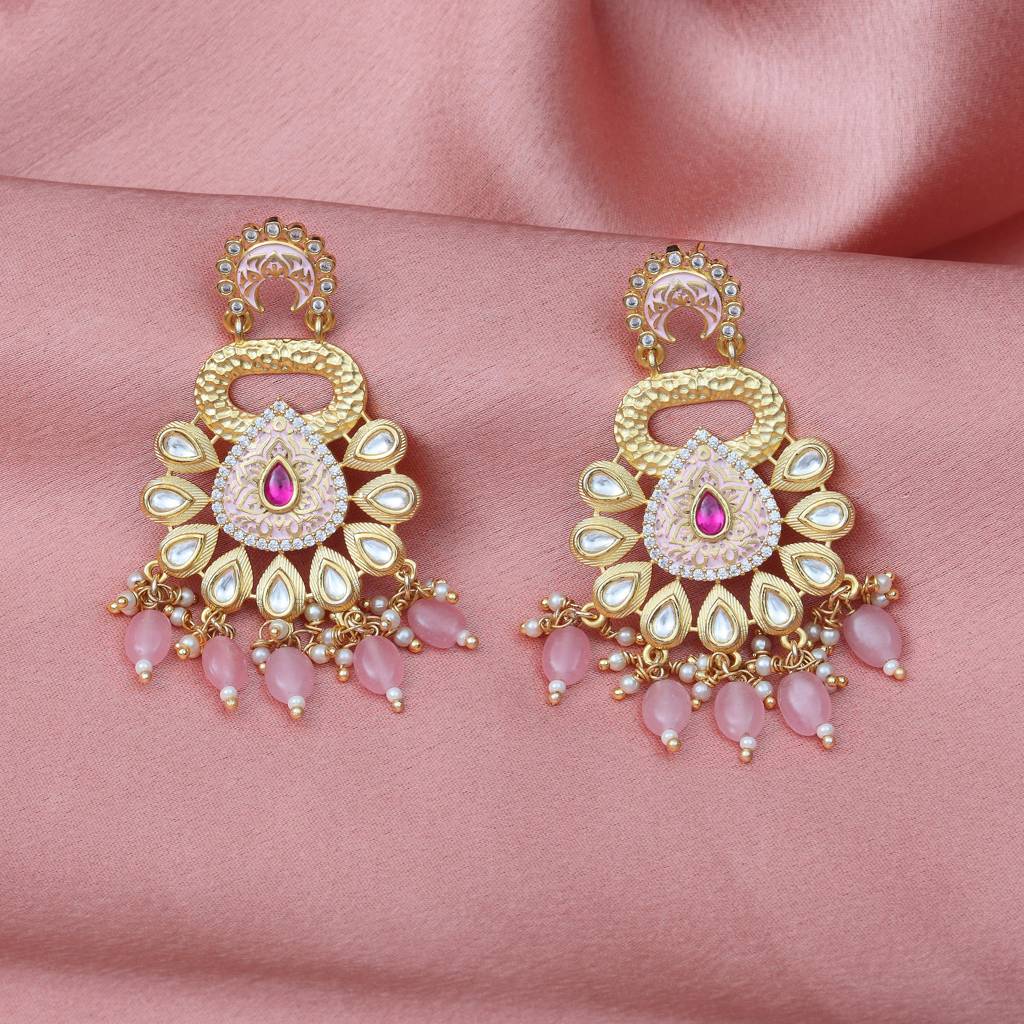 Gold Finished Blush Pink Meenakari And Kundan Danglers : KM-ER-13-PINK